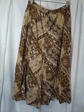 Liz Claiborne Brown Patchwork Maxi Skirt Boho Gypsy Hippie Green Kitchen Witch